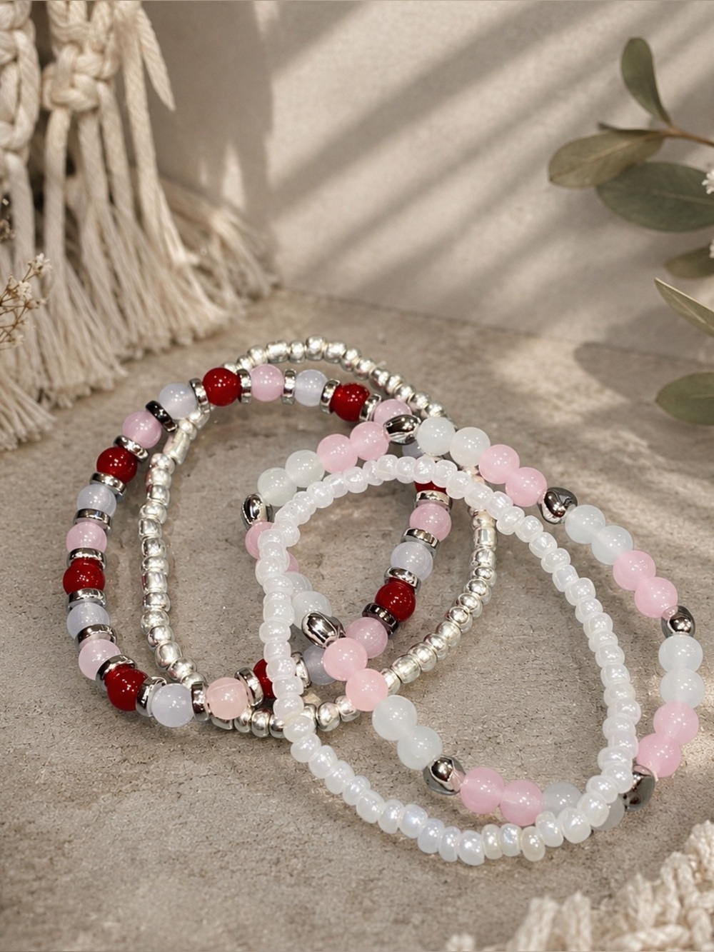 Handmade Beaded Bracelet Set - Pink, Red, White